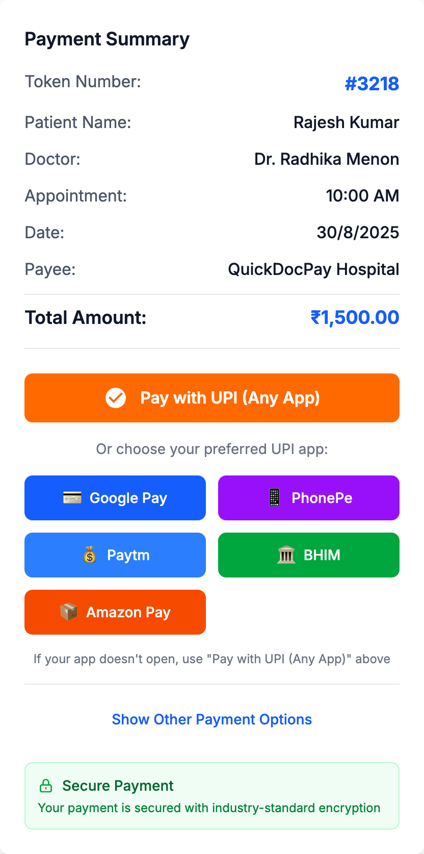 UPI Payment Interface - Complete payment flow with all Indian payment apps